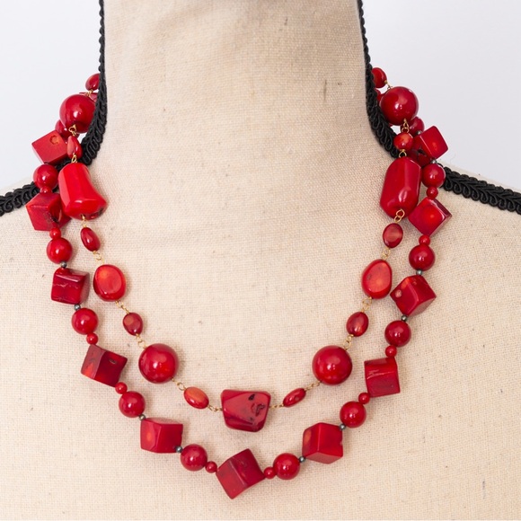 Bamboo coral double strand choker necklace boho chic vibe beaded southwestern - Picture 1 of 16
